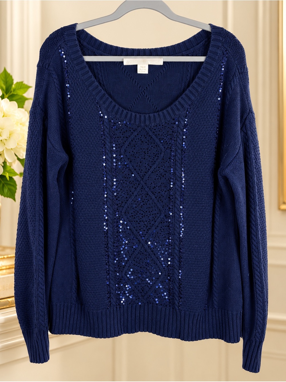Boston Proper Navy Blue Scoop Neck Sweater with Sequin Detail